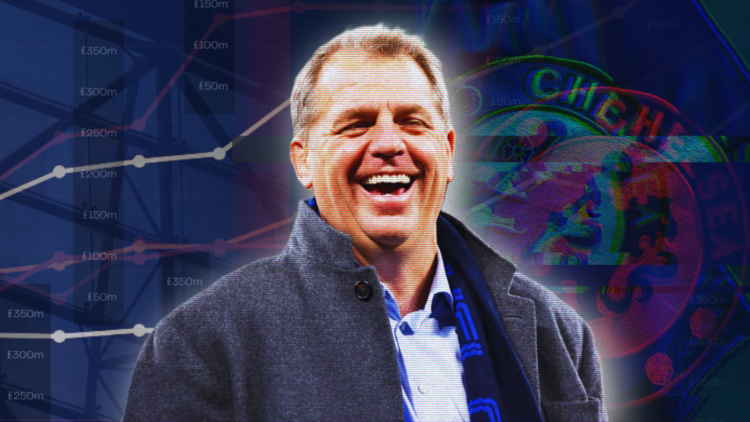 Illustration image of Todd Boehly laughing in front of the Chelsea badge
