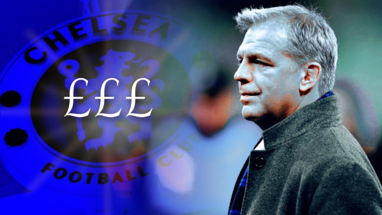 Todd Boehly looks on, split image with the Chelsea badge inset and '£££' wordage