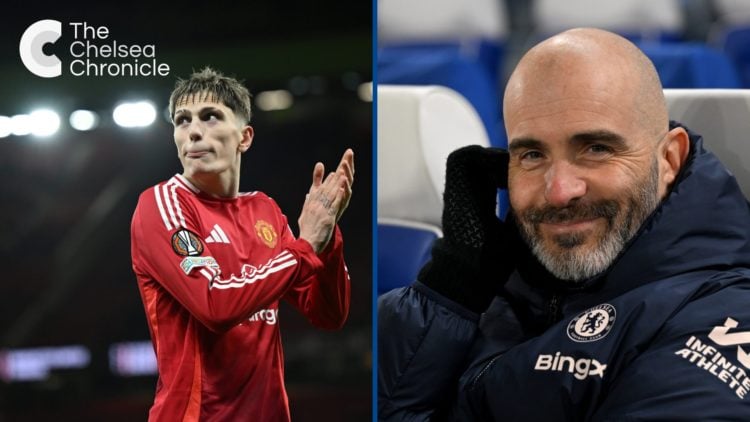 Split image - Manchester United winger Alejandro Garnacho clapping and Chelsea manager Enzo Maresca smiling