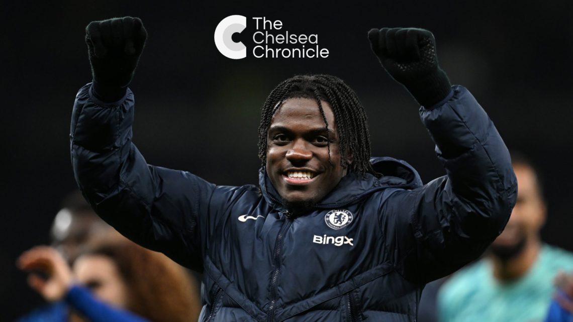 Romeo Lavia of Chelsea celebrates following the team's victory in the Premier League match between Tottenham Hotspur FC and Chelsea FC