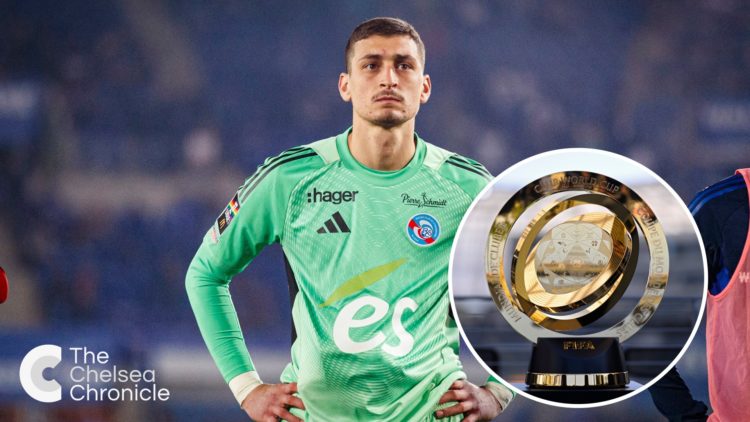 Djordje Petrovic looks dejected after defeat during RC Strasbourg Alsace v Le Havre AC - Ligue 1 McDonald's. The Club World Cup trophy on display a...