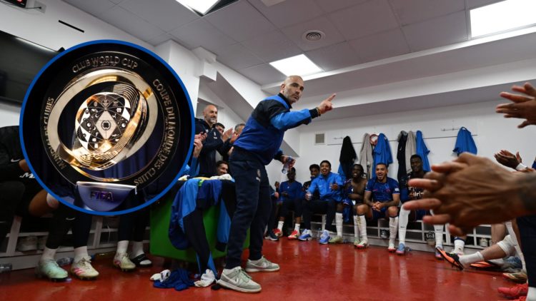 Chelsea manager Enzo Maresca giving team talk, inset Club World Cup trophy
