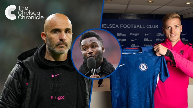 Split image - Enzo Maresca at Conference League final and Liam Delap holding up Chelsea shirt, inset John Obi Mikel with microphone