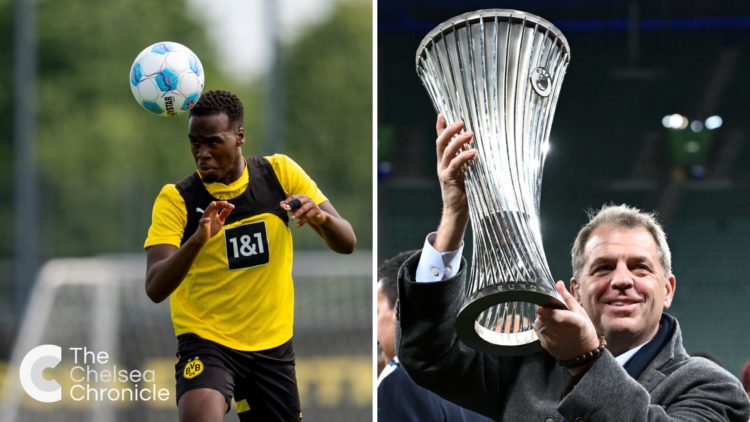 Jamie Gittens in action during Borussia Dortmund Training Session. Todd Boehly celebrates after Real Betis Balompie v Chelsea FC - UEFA Conference ...