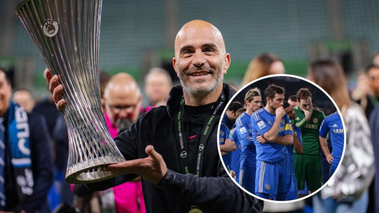 Enzo Maresca coach of Chelsea celebrates a win with trophy after Conference League final between Chelsea and Real Betis. Chelsea players look on af...