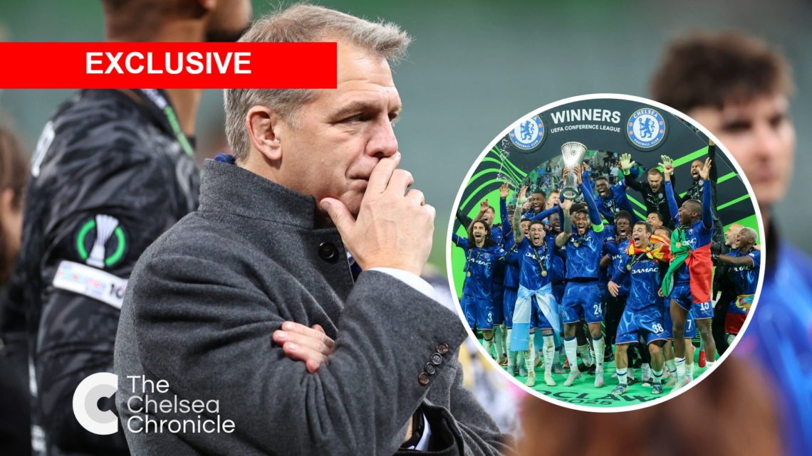Todd Boehly looks on after Real Betis Balompie v Chelsea FC - UEFA Conference League Final 2025. Chelsea players lift the trophy after Real Betis B...