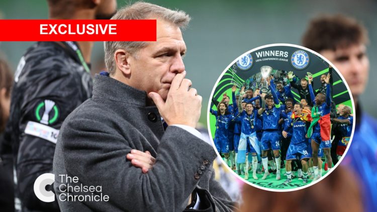 Todd Boehly looks on after Real Betis Balompie v Chelsea FC - UEFA Conference League Final 2025. Chelsea players lift the trophy after Real Betis B...