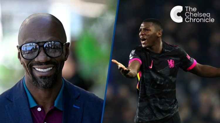 Split image - Former PSG player Claude Makelele attends Qatar Airways Padel and Moises Caicedo reacts during match between Brighton and Chelsea