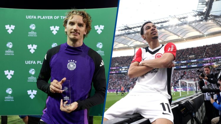 Split image - Hugo Ekitike celebrates scoring for Eintracht Frankfurt and Nick Woltemade poses as Man of the Match after Germany U21s v Slovenia U21s