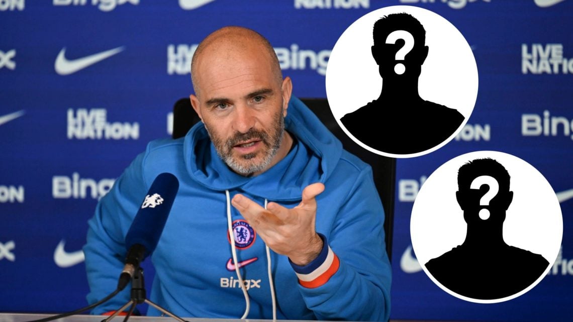 Head Coach Enzo Maresca of Chelsea attends a press conference, inset mystery player x2