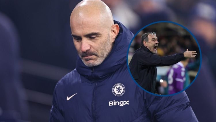 Enzo Maresca during match between Manchester City and Chelsea, inset Maurizio Sarri gestures during game between Fiorentina and Lazio