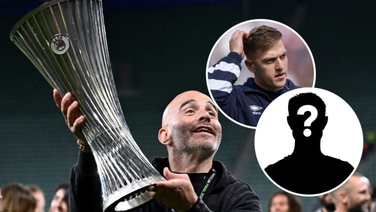 Enzo Maresca lifts the Conference League trophy after Real Betis Balompie v Chelsea FC - UEFA Conference League Final 2025. Liam Delap looks on ahe...