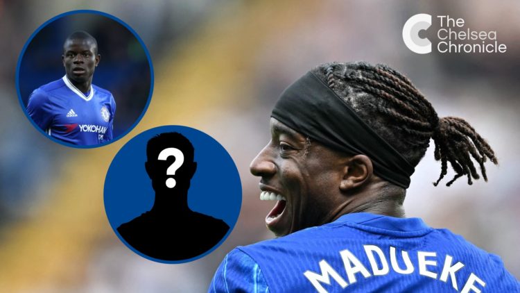 Chelsea winger Noni Madueke looking happy, inset N'Golo Kante during game against Southampton and mystery player