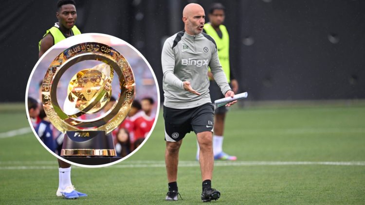 Enzo Maresca gives out instructions during Chelsea FC Training Session - FIFA Club World Cup 2025. The trophy prior to Al Ahly FC v Inter Miami CF:...