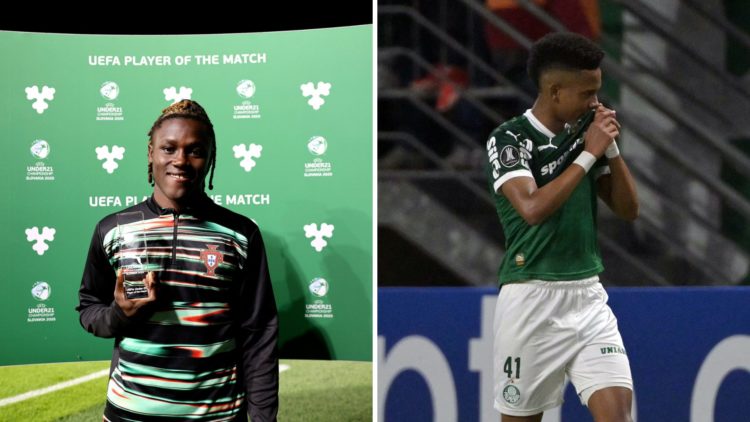 Geovany Quenda poses as Player of the Match after Portugal v Poland - UEFA European Under-21 Championship 2025 Group Stage. Estevao Willian celebra...