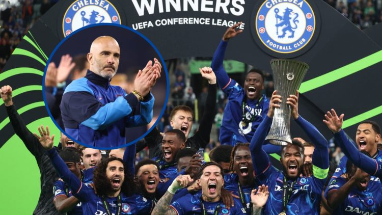 Chelsea players celebrating Conference League final win, inset Enzo Maresca applauding fans