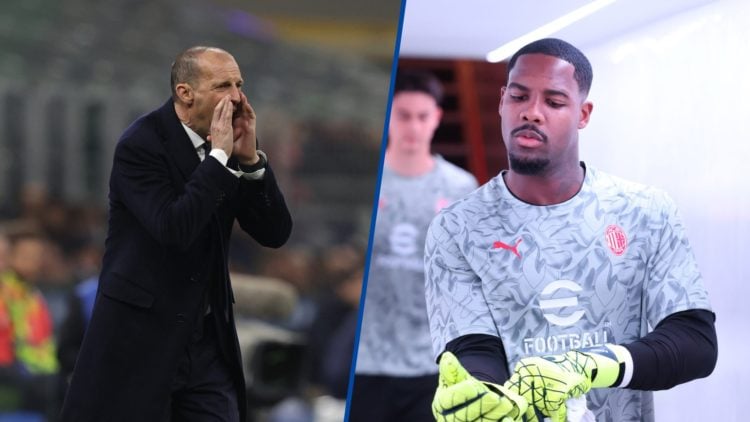 Split image - Massimiliano Allegri gestures during match between Inter Milan and Juventus and Mike Maignan arrives before AC Milan game