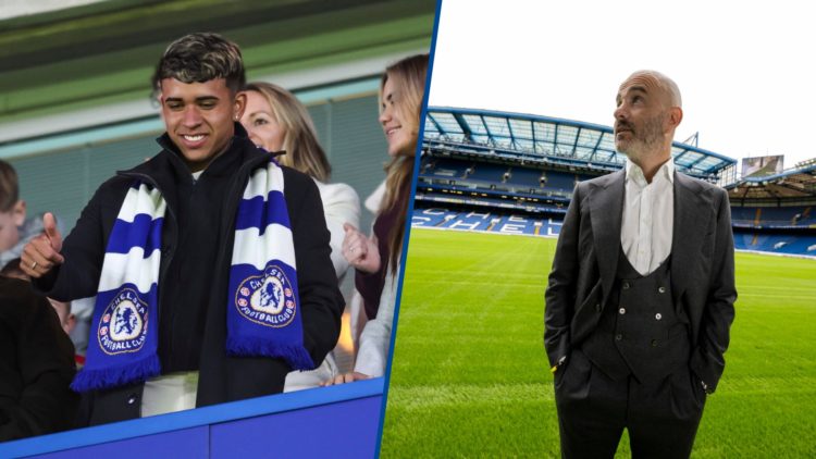Split image - Kendry Paez at Stamford Bridge for Carabao Cup tie and Chelsea manager Enzo Maresca on pitch