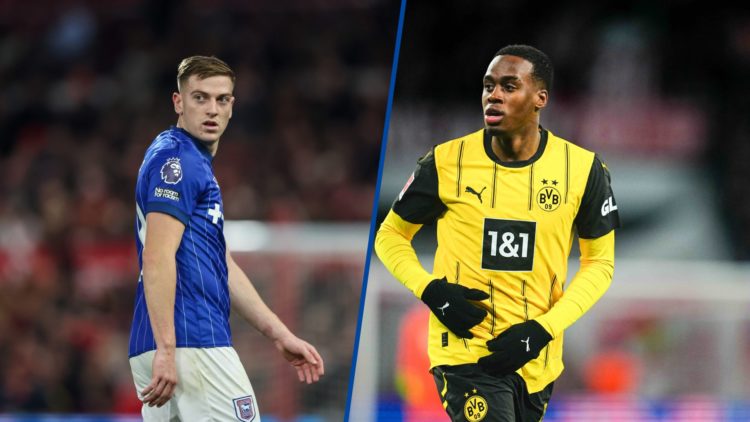 Split image - Ipswich Town's Liam Delap against Nottingham Forest and Dortmund's Jamie Gittens against RB Leipzig