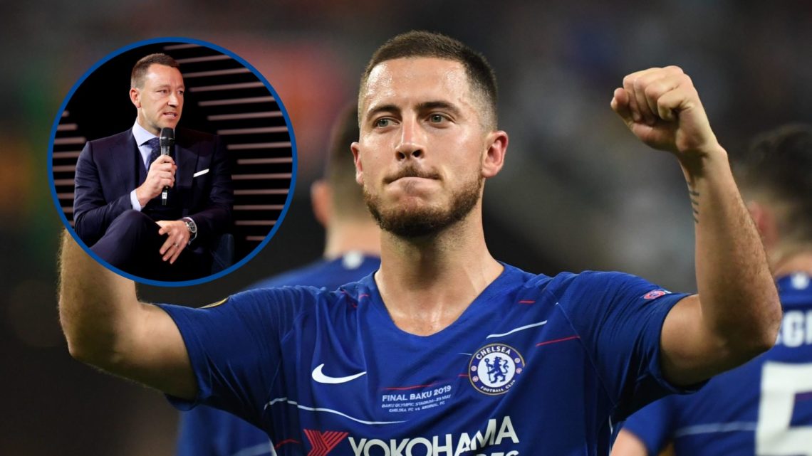 Eden Hazard celebrates scoring against Arsenal in the 2019 Europa League final, inset John Terry speaking at event