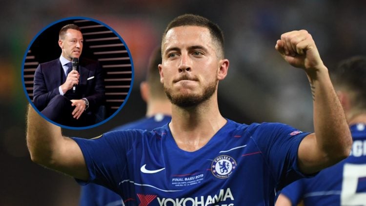 Eden Hazard celebrates scoring against Arsenal in the 2019 Europa League final, inset John Terry speaking at event