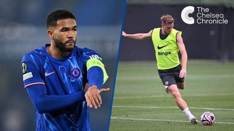 Split image - Chelsea defender Reece James adjusting captain's armband and Liam Delap during a training session