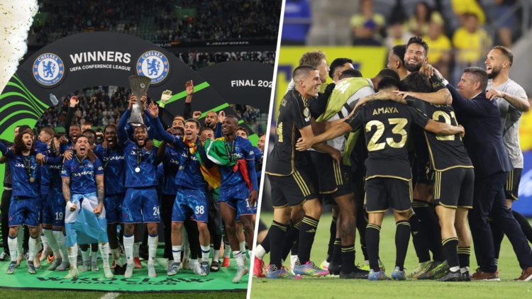 Chelesea squad lift the trophy following Real Betis Balompie v Chelsea FC - UEFA Conference League Final 2025. LAFC squad celebrate following Los A...