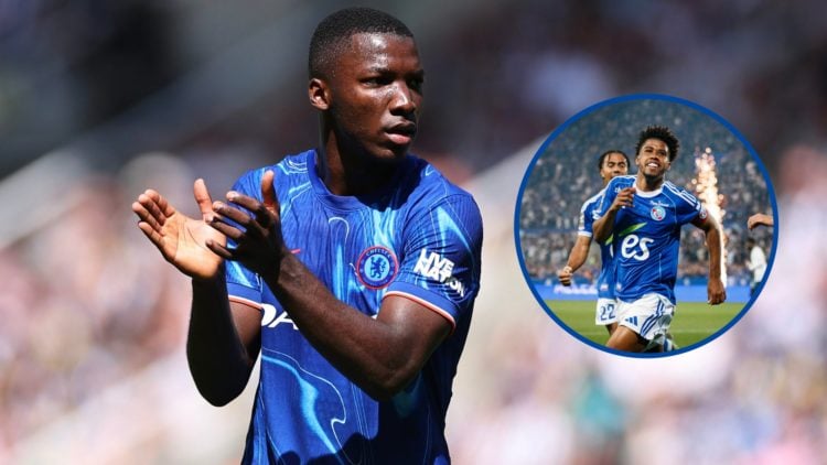 Moises Caicedo in action for Chelsea against Newcastle, inset Andrey Santos celebrates scoring for Strasbourg