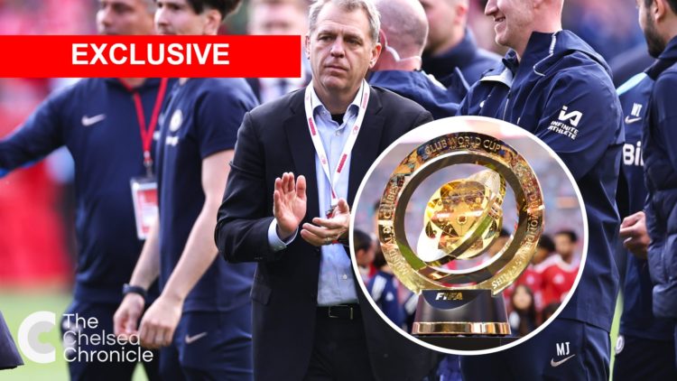 Todd Boehly celebrates after Nottingham Forest FC v Chelsea FC - Premier League. The Club World Cup trophy on display ahead of Al Ahly FC v Inter M...