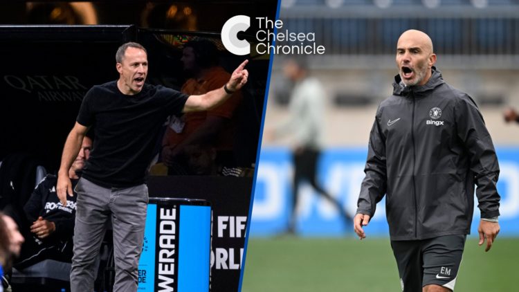 Split image - Steve Cherundolo gestures during match between Chelsea and LAFC and Enzo Maresca gives out instructions during training session