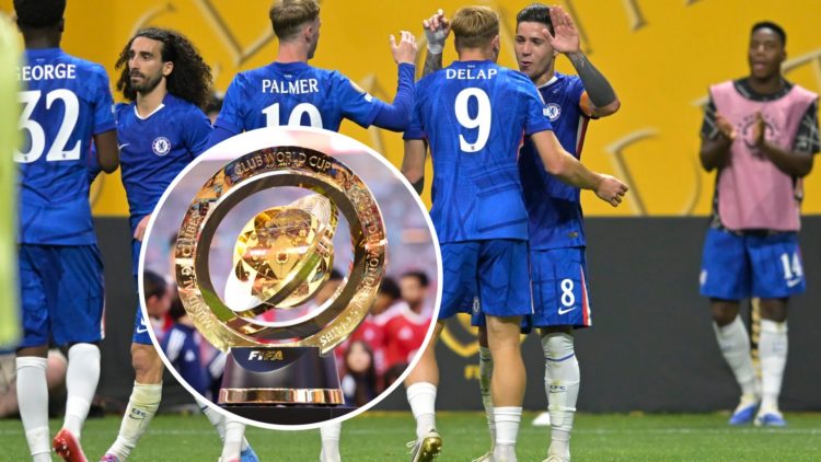 Chelsea players celebrate scoring during Chelsea FC v Los Angeles Football Club: Group D - FIFA Club World Cup 2025. The Club World Cup trophy on d...