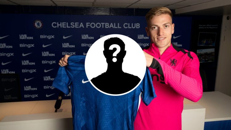 Liam Delap holds up a shirt after being unveiled by Chelsea as their new summer signing, inset mystery player