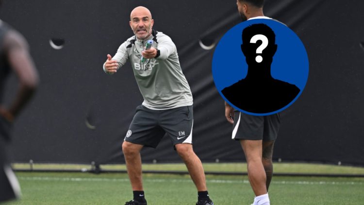 Enzo Maresca gives out instructions during Chelsea FC Training Session, inset mystery player