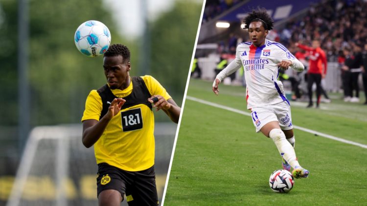 Jamie Gittens in action during Borussia Dortmund Training Session. Malick Fofana in action during Olympique Lyonnais v Stade Rennais FC - Ligue 1 M...