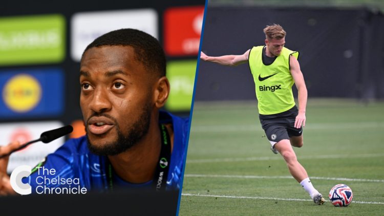 Split image - Tosin Adarabioyo speaking after Chelsea's victory against Real Betis and Liam Delap during a training session