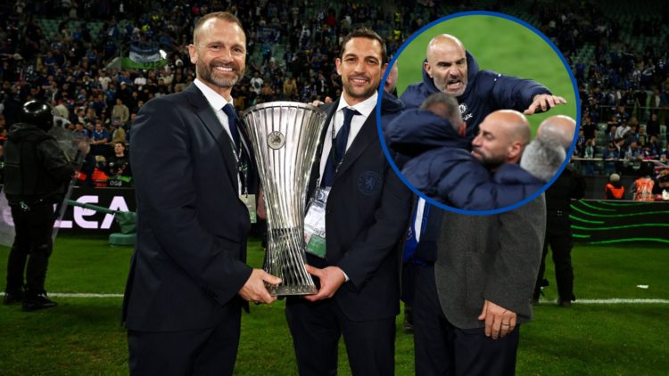 Chelsea directors Paul Winstanley and Laurence Stewart holding trophy, inset Enzo Maresca celebrating