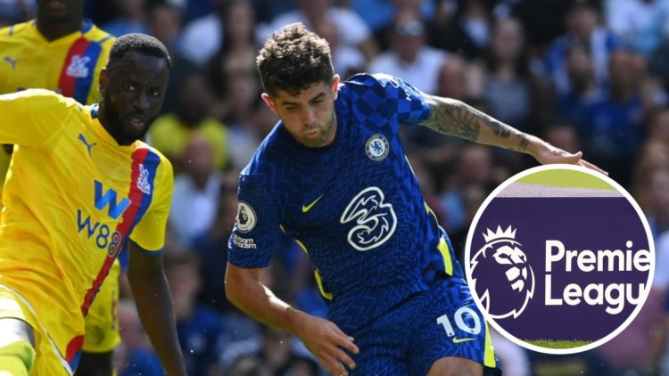Christian Pulisic for Chelsea against Crystal Palace in the Premier League. Inset, Premier League logo