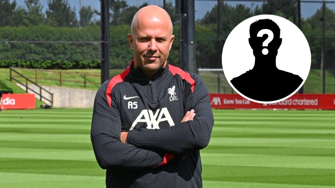 Liverpool head coach Arne Slot at AXA Training Centre, inset mystery player