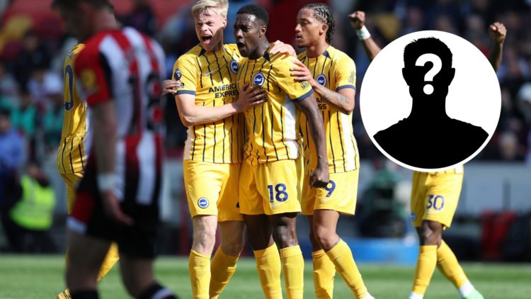 Danny Welbeck of Brighton & Hove Albion celebrates scoring with teammates Jan Paul van Hecke and Joao Pedro, inset mystery player
