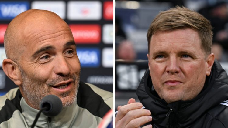 Picture one Chelsea manager Enzo Maresca in a press conference for the Club World Cup. Picture two Newcastle United manager Eddie Howe during a Pre...