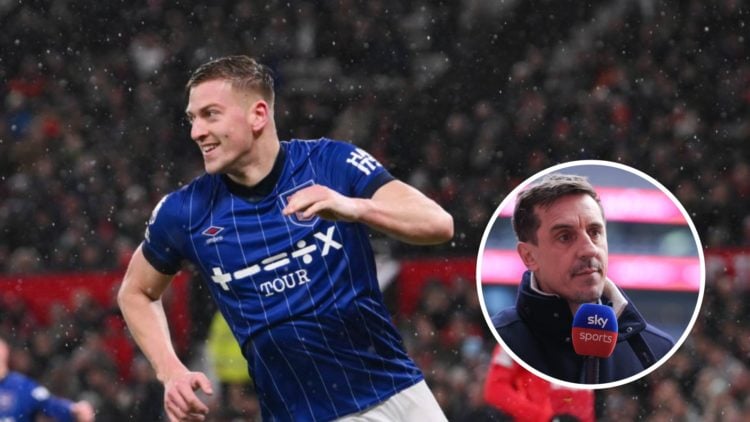 Ipswich Town striker Liam Delap playing against Manchester United. Inset, Sky Sports pundit Gary Neville