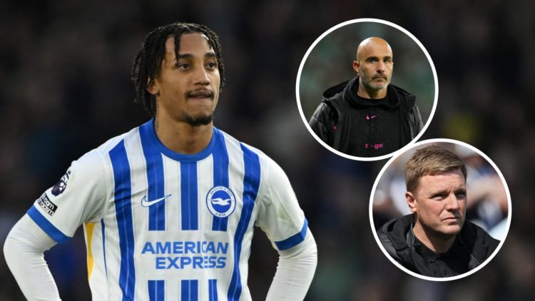 Brighton attacker Joao Pedro playing in the Premier League. Inset, Newcastle United manager Eddie Howe in the Premier League. Inset, Chelsea manage...
