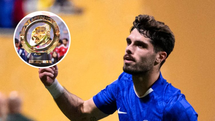 Chelsea winger Pedro Neto after scoring in the Club World Cup. Inset, the Club World Cup trophy