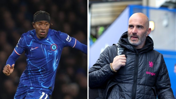 Picture one Noni Madueke playing for Chelsea in the Premier League. Picture two Chelsea manager Enzo Maresca arriving for a Conference League match.