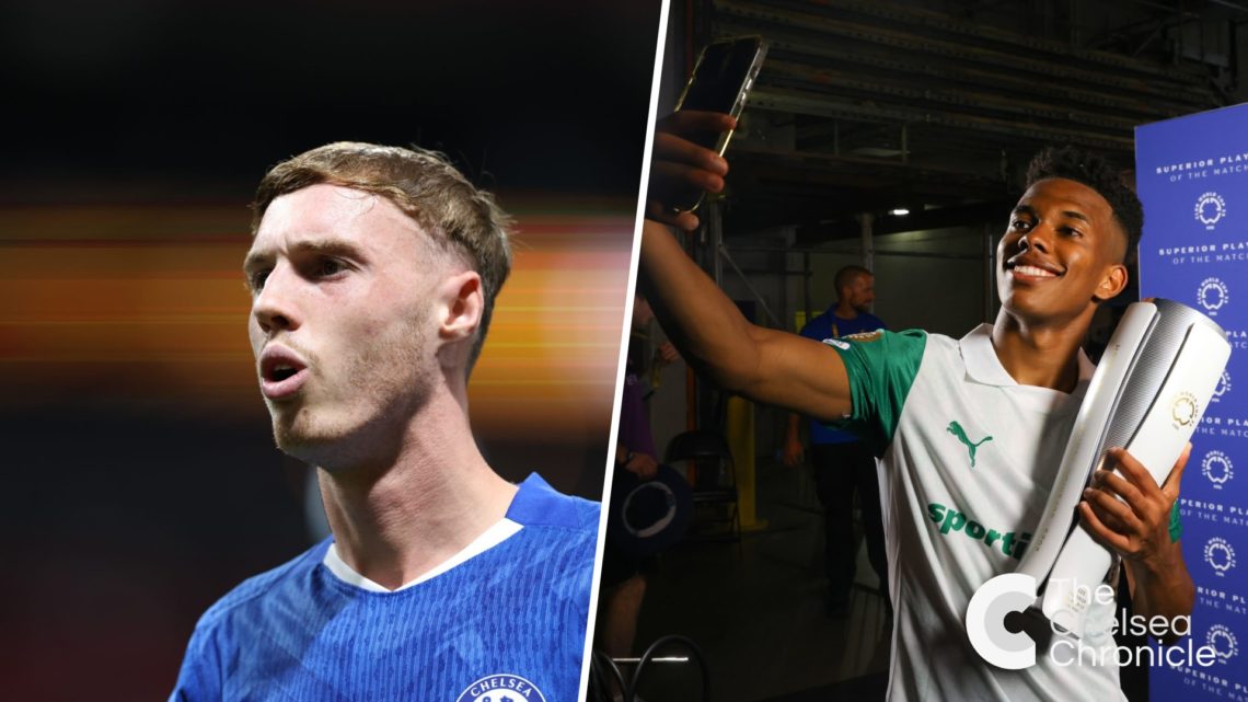 Cole Palmer looks on during Chelsea FC v Los Angeles Football Club: Group D - FIFA Club World Cup 2025. Estevao Willian poses with his Player of th...