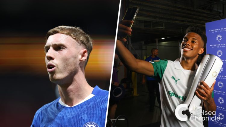 Cole Palmer looks on during Chelsea FC v Los Angeles Football Club: Group D - FIFA Club World Cup 2025. Estevao Willian poses with his Player of th...