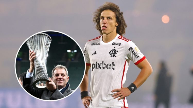 David Luiz looks on during Peñarol v Flamengo - Copa CONMEBOL Libertadores 2024. Todd Boehly celebrates with the trophy after Real Betis Balompie v...