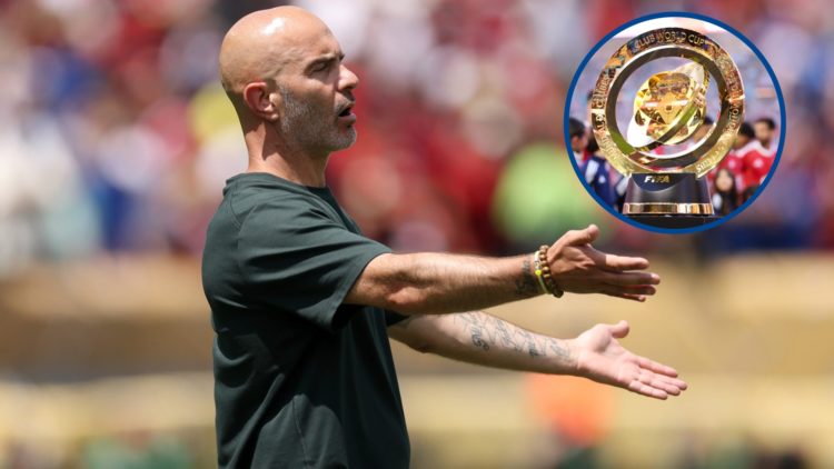 Enzo Maresca gestures during CR Flamengo v Chelsea, inset the Club World Cup trophy on display