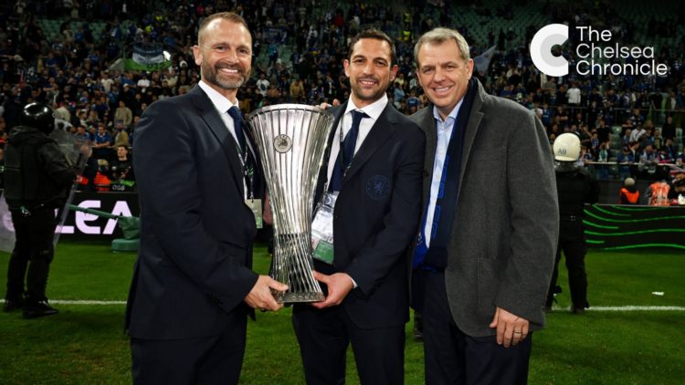 Todd Boehly, Paul Winstanley and Laurence Stewart celebrate after Real Betis Balompie v Chelsea FC