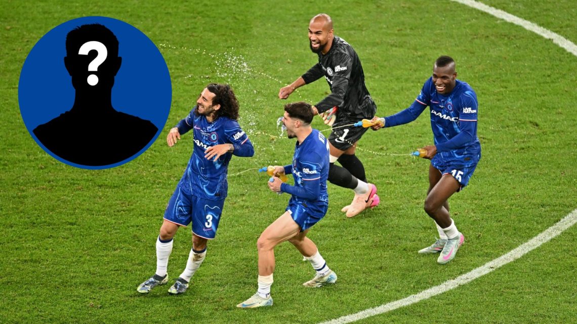 Nicolas Jackson, Robert Sanchez and Pedro Neto of Chelsea spray drink at teammate Marc Cucurella, inset mystery player